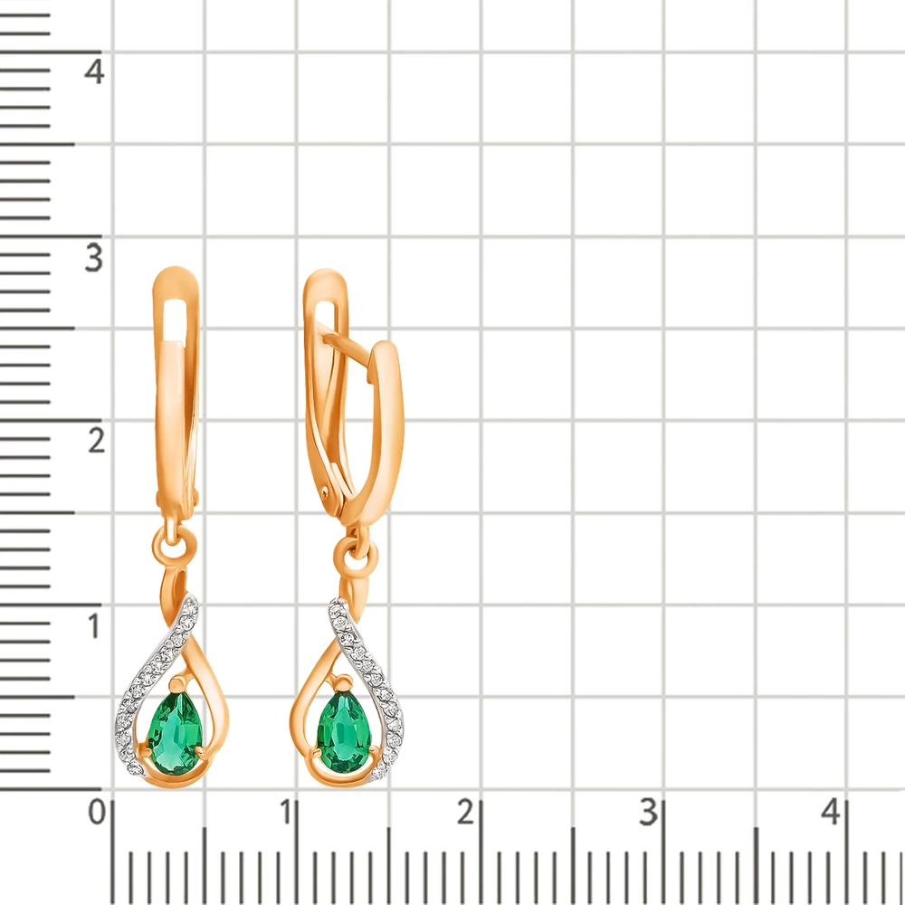 Серьги с изумрудом синтетическим и бриллиантами из красного золота 585 пробы
