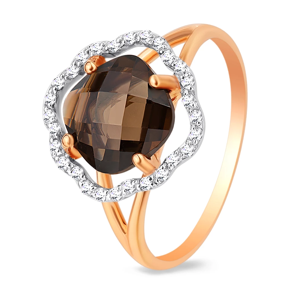 Кольцо с раух-топазами и фианитами из красного золота 585 пробы 2