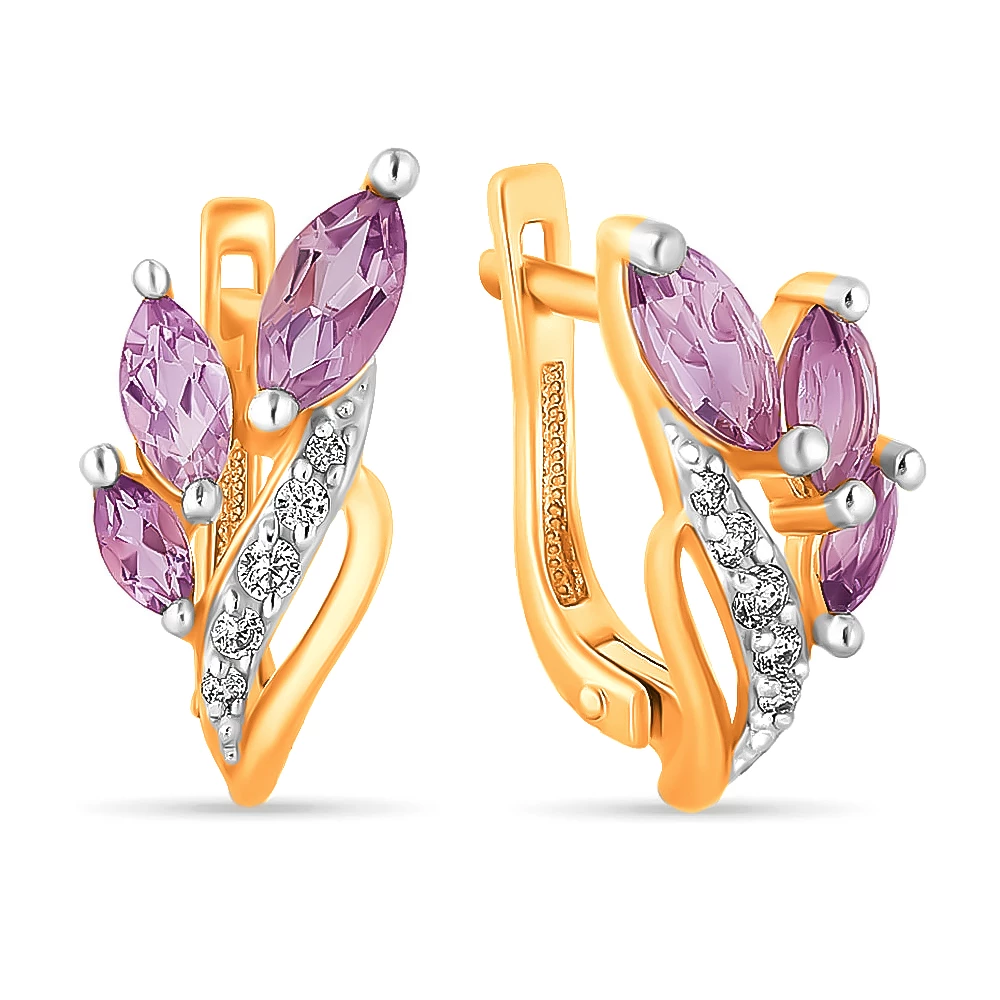 Серьги с аметистами и фианитами из красного золота 585 пробы