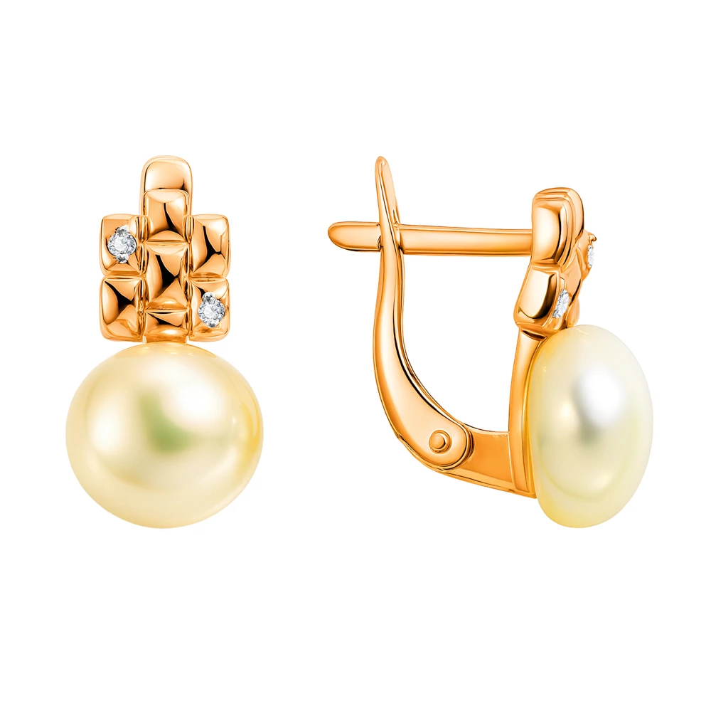 Серьги с культивированным жемчугом и фианитами из красного золота 375 пробы