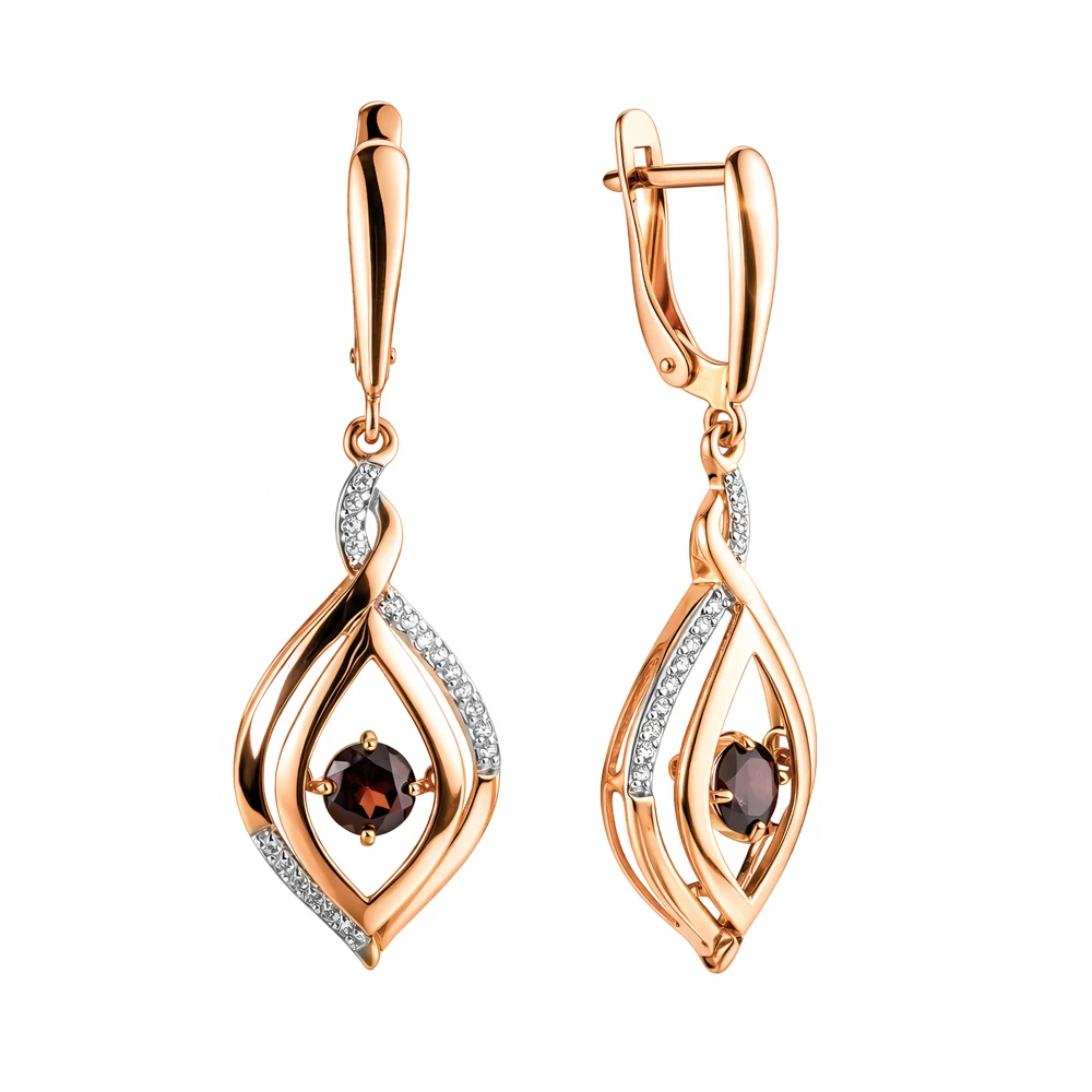 Серьги с гранатами и фианитами из красного золота 585 пробы