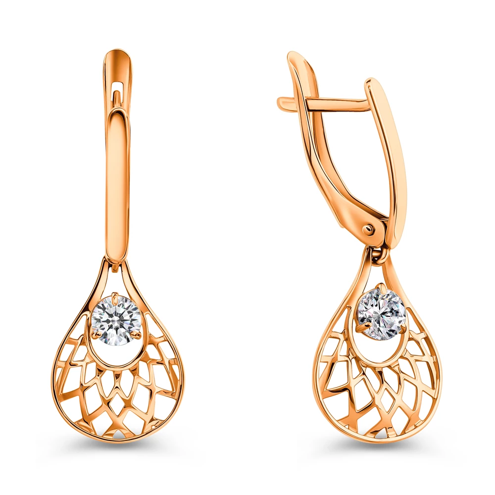Серьги с фианитами из красного золота 585 пробы