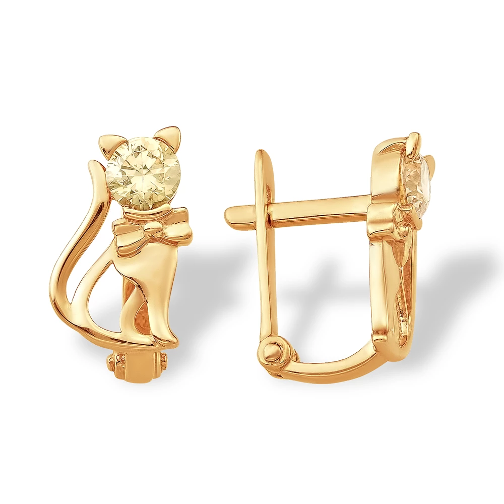 Серьги  Кошка детские с фианитами из красного золота 585 пробы