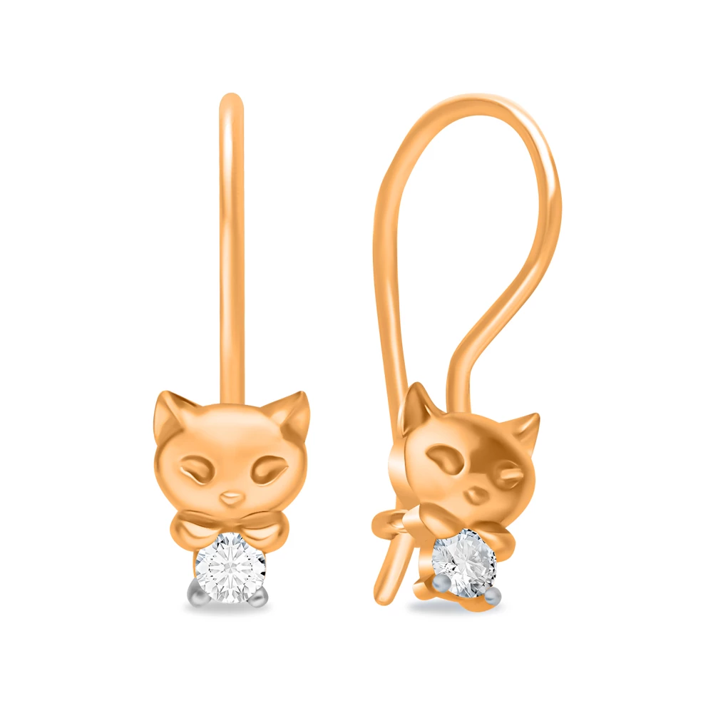 Серьги  Кошка детские с фианитами из красного золота 375 пробы 1