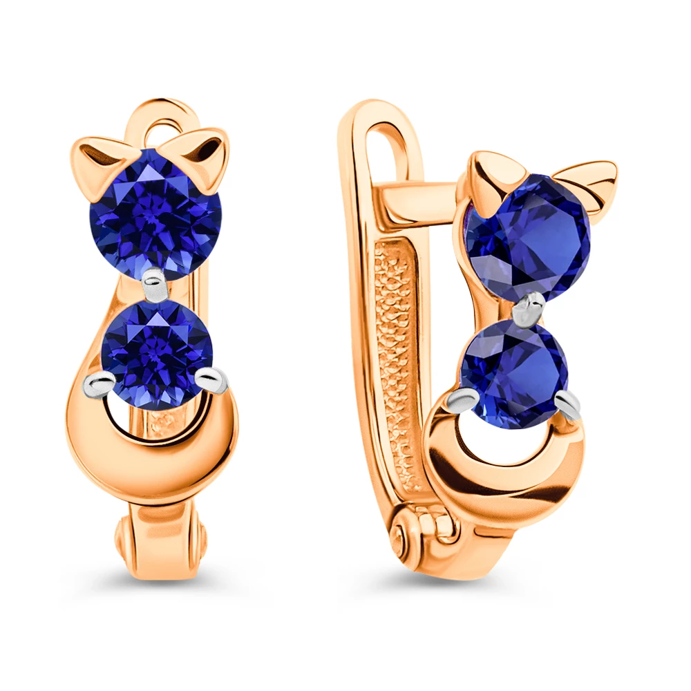 Серьги  Кошка детские с фианитами из красного золота 375 пробы