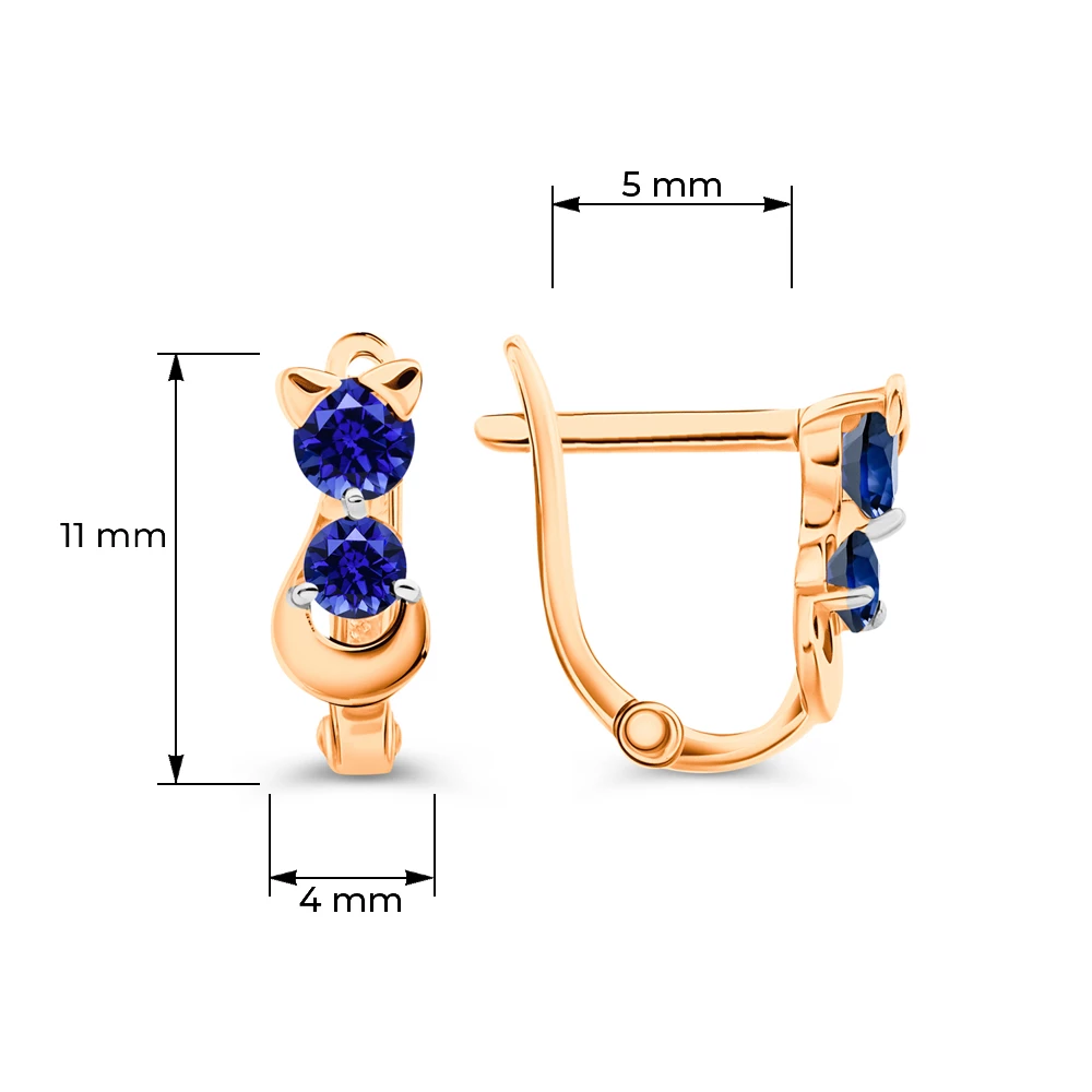 Серьги  Кошка детские с фианитами из красного золота 375 пробы