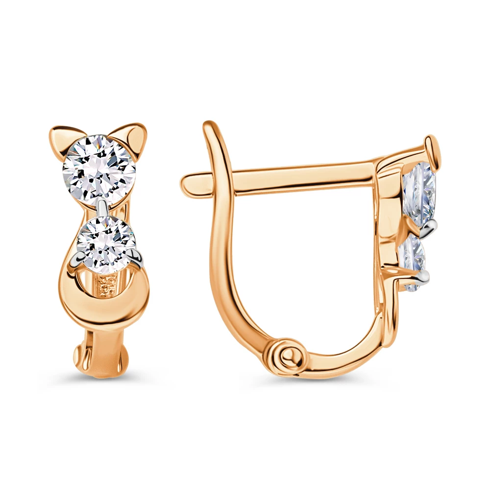 Серьги  Кошка детские с фианитами из красного золота 585 пробы 3