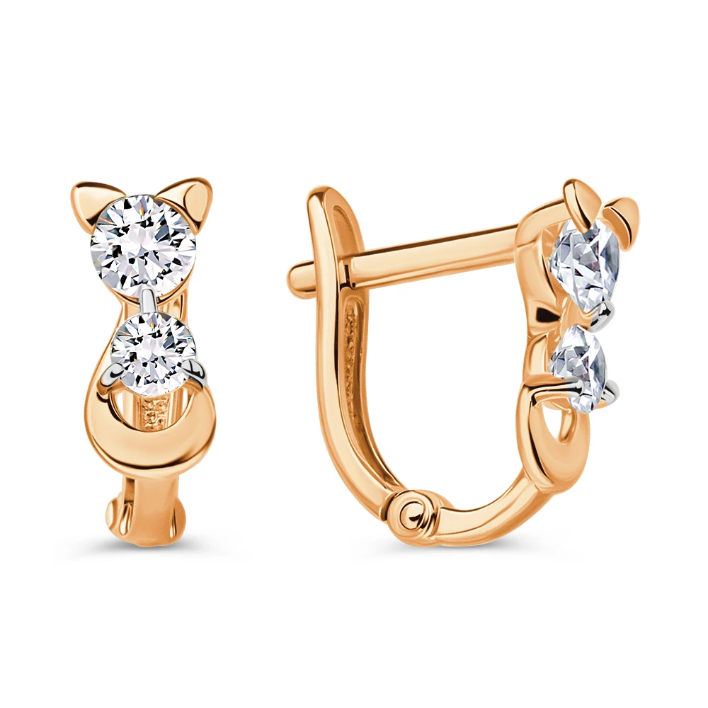 Серьги  Кошка детские с фианитами из красного золота 585 пробы 2