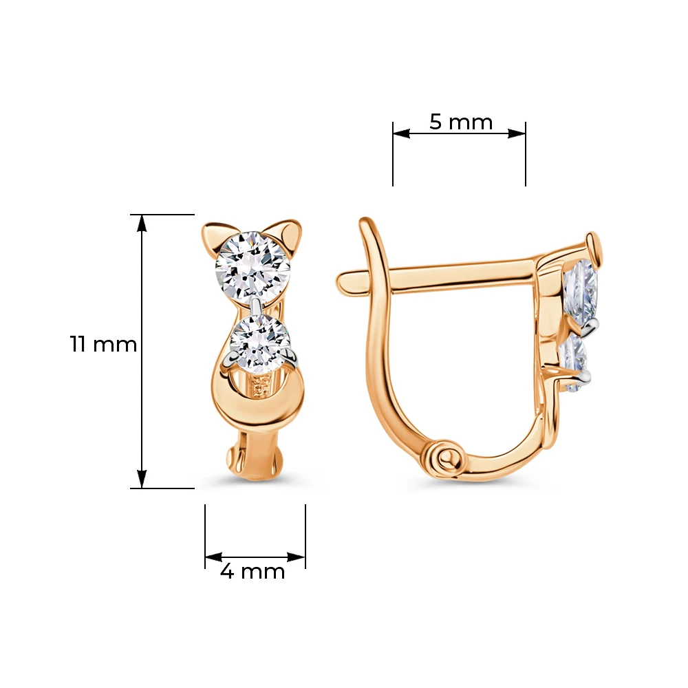 Серьги  Кошка детские с фианитами из красного золота 585 пробы 4
