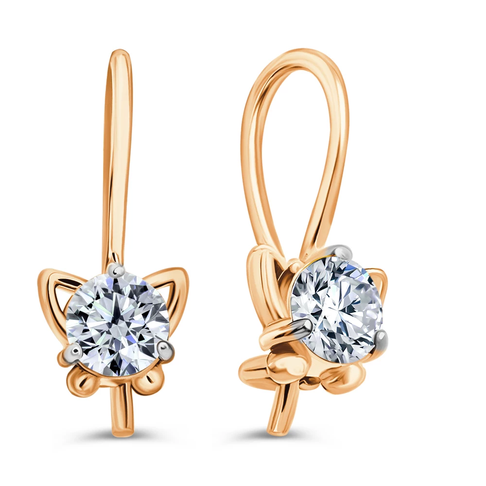 Серьги  Кошка детские с фианитами из красного золота 375 пробы