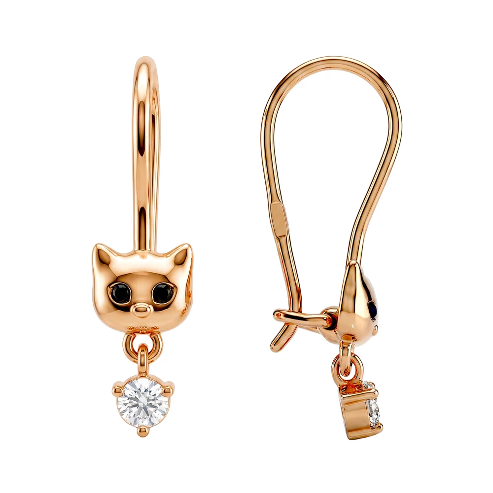 Серьги  Кошка детские с фианитами из красного золота 585 пробы