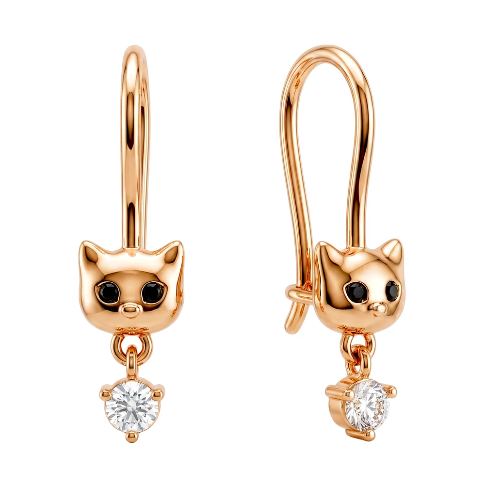Серьги  Кошка детские с фианитами из красного золота 585 пробы