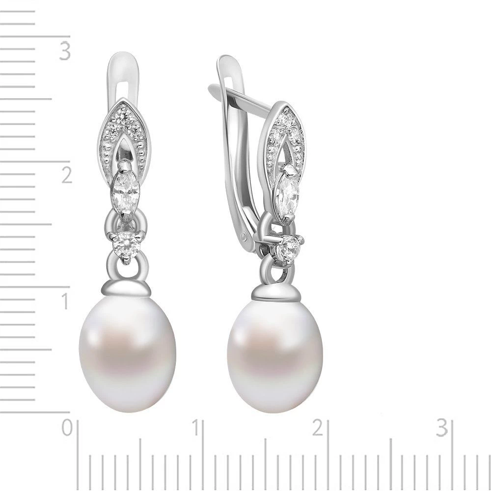Серьги с культивированным жемчугом и фианитами из серебра 925 пробы