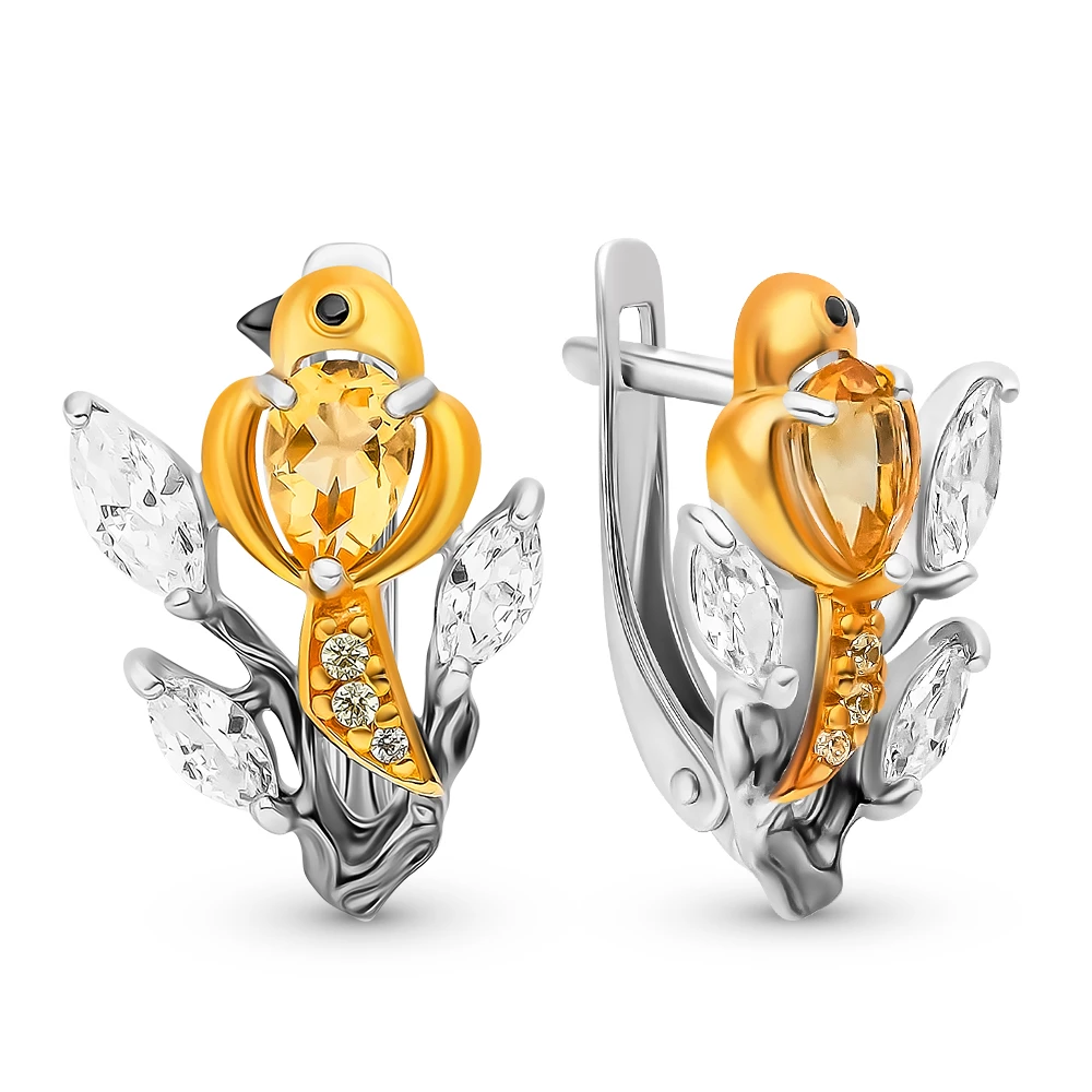 Серьги  Птица с цитринами из серебра 925 пробы