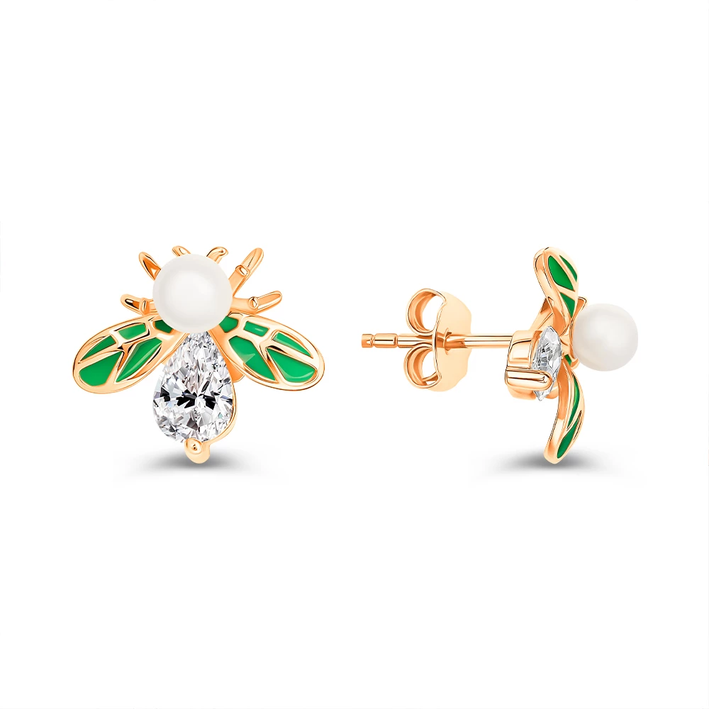 Серьги  Пчелка с искусственным жемчугом из серебра 925 пробы 3