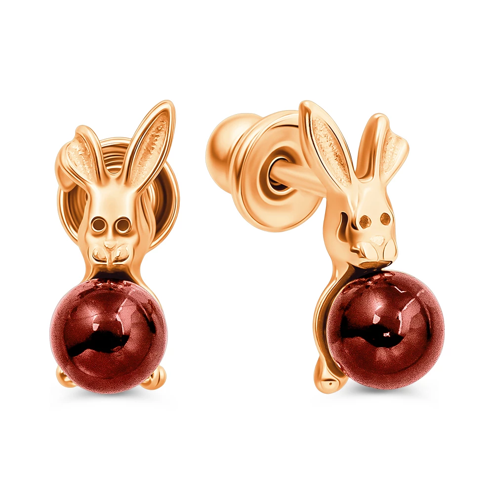 Серьги  Заяц с янтарем из серебра 925 пробы
