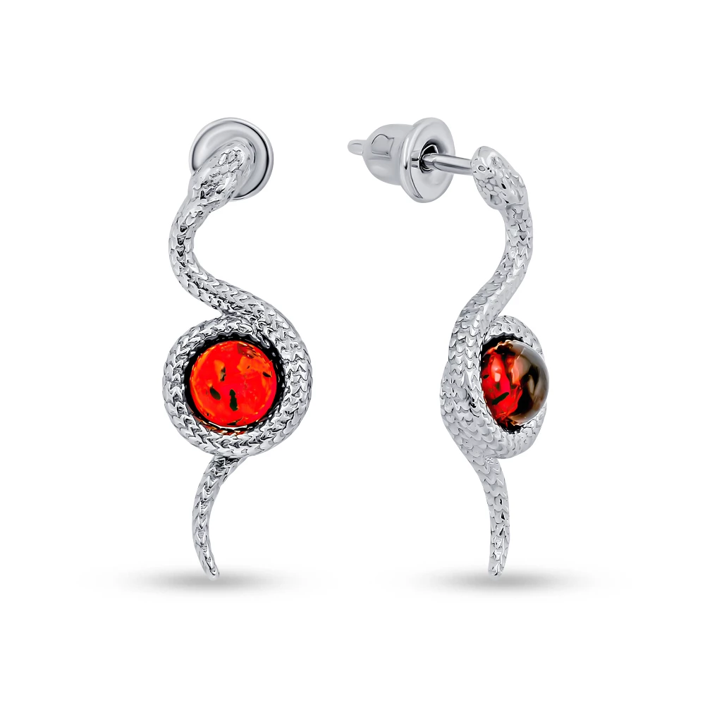 Серьги  Змея с янтарем из серебра 925 пробы 2