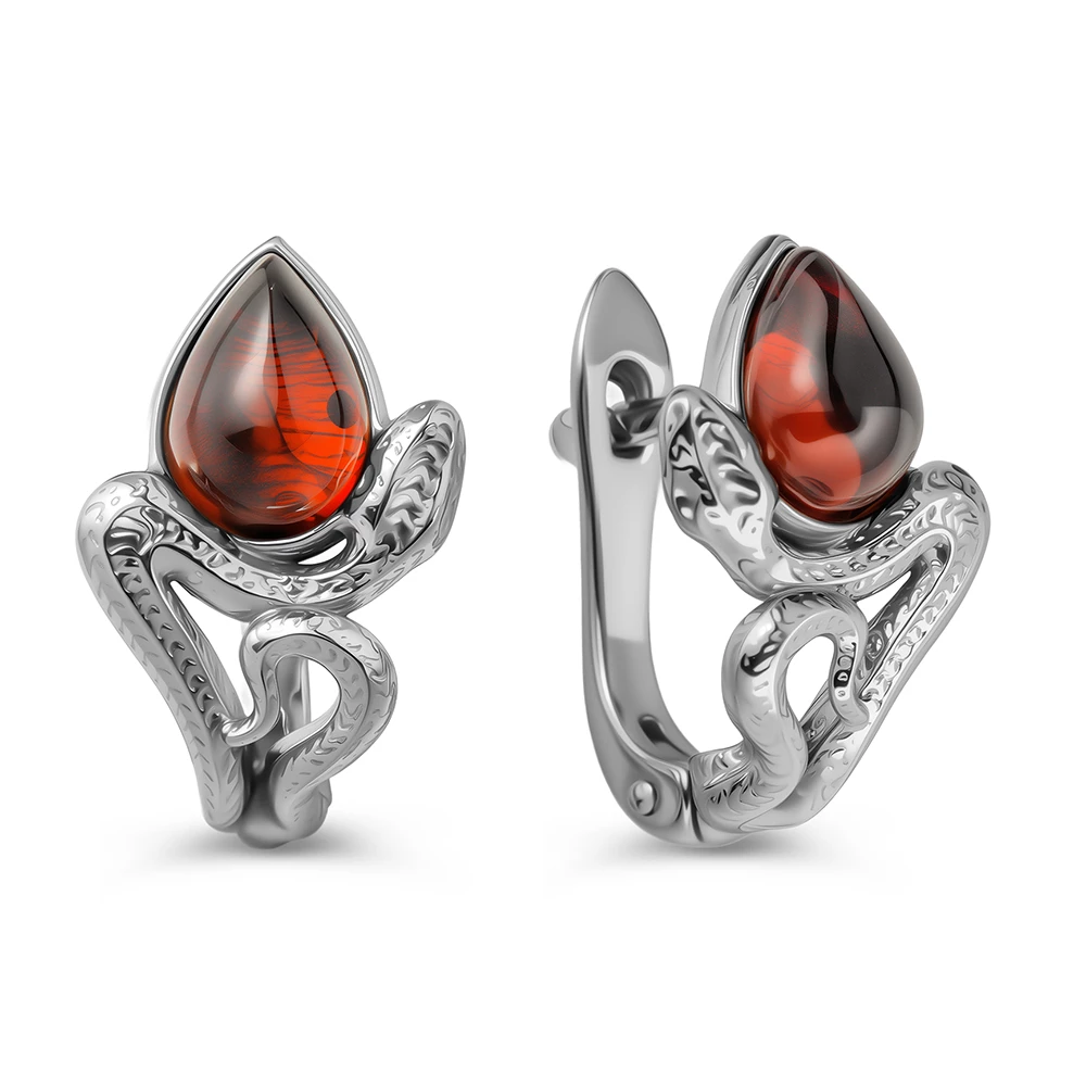 Серьги  Змея с янтарем из серебра 925 пробы
