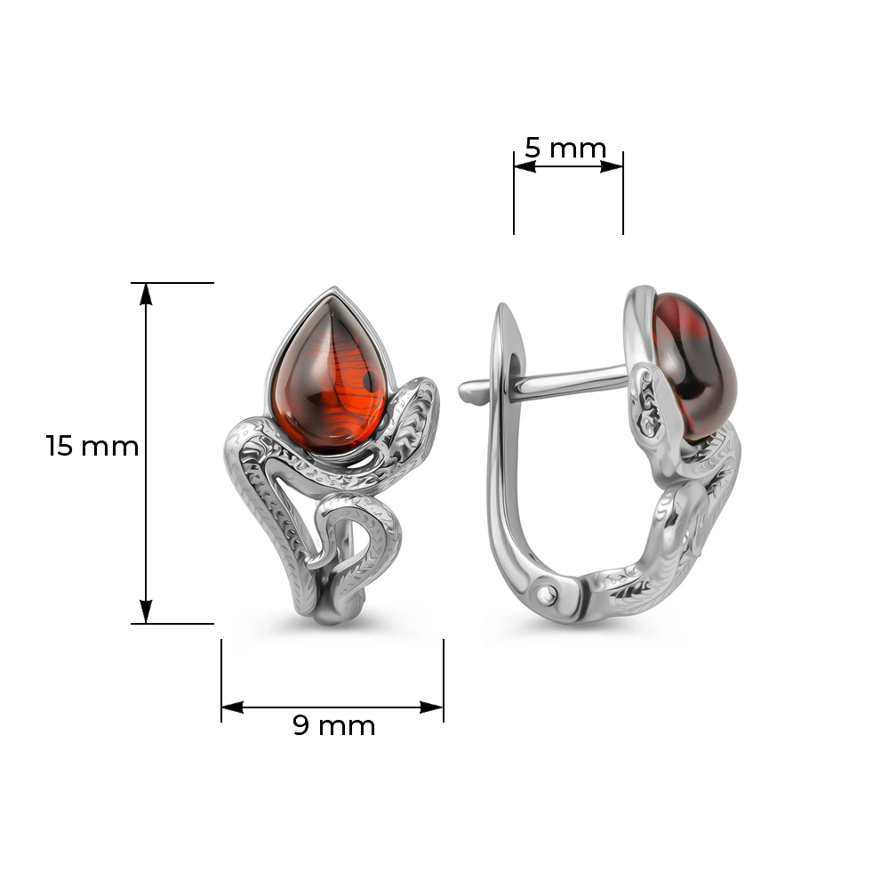 Серьги  Змея с янтарем из серебра 925 пробы