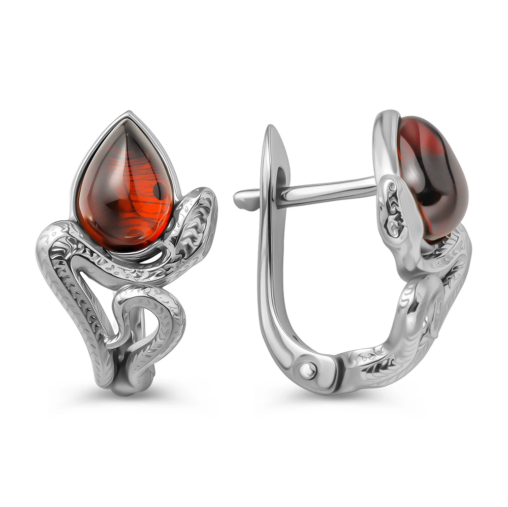 Серьги  Змея с янтарем из серебра 925 пробы