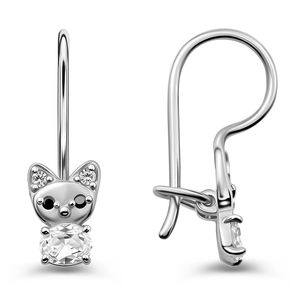 Серьги  Кошка детские с фианитами из серебра 925 пробы
