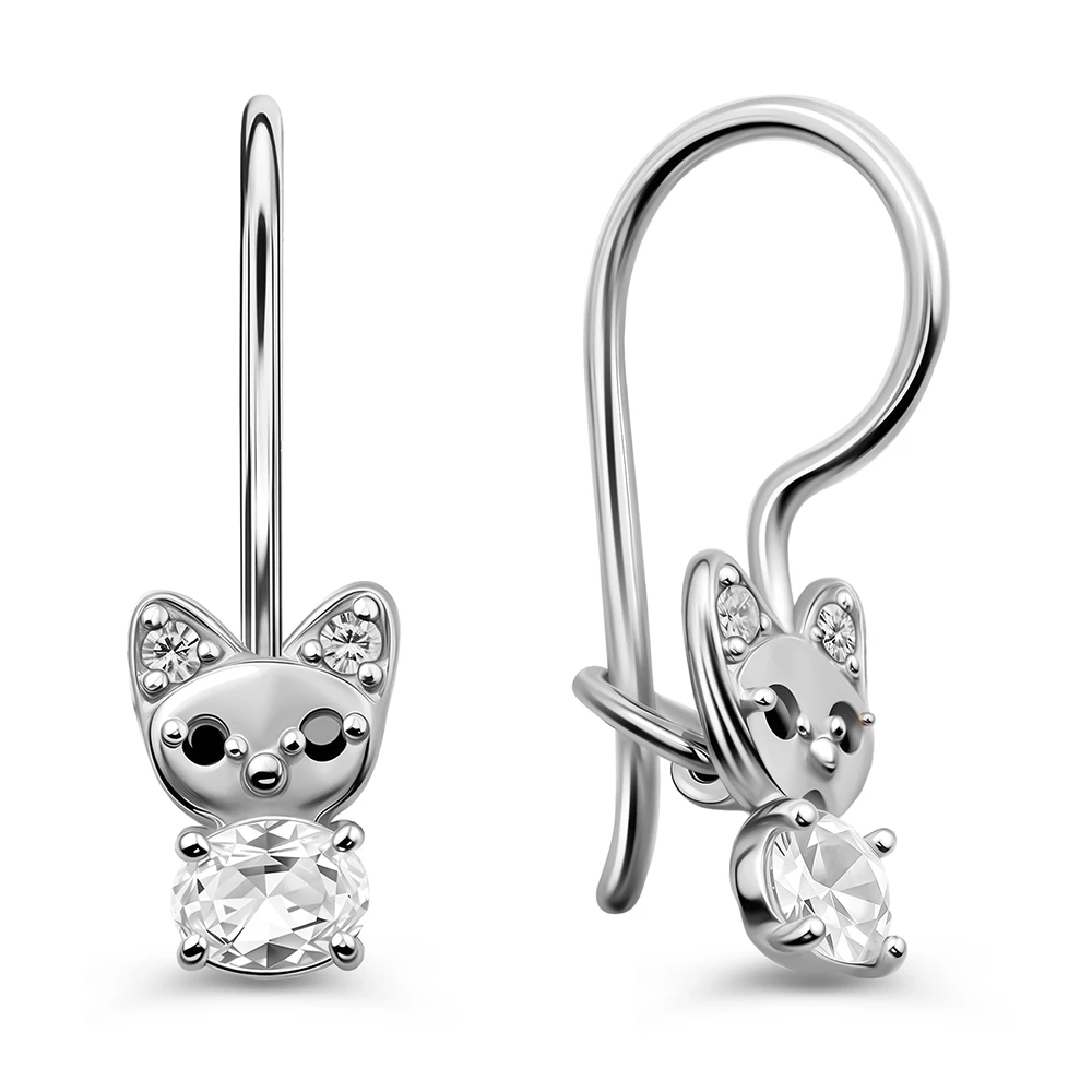 Серьги  Кошка детские с фианитами из серебра 925 пробы