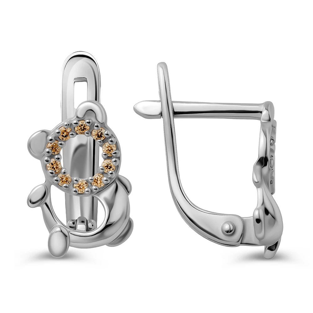Серьги  Кошка детские с фианитами из серебра 925 пробы