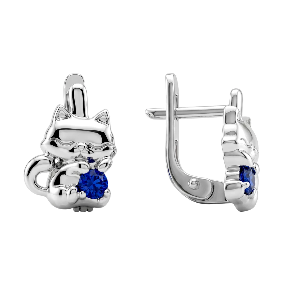 Серьги  Кошка детские с фианитами из серебра 925 пробы