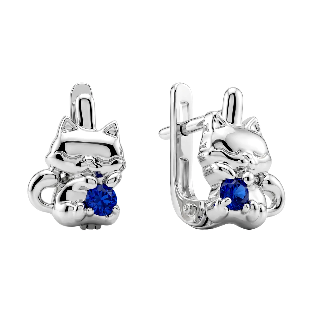Серьги  Кошка детские с фианитами из серебра 925 пробы