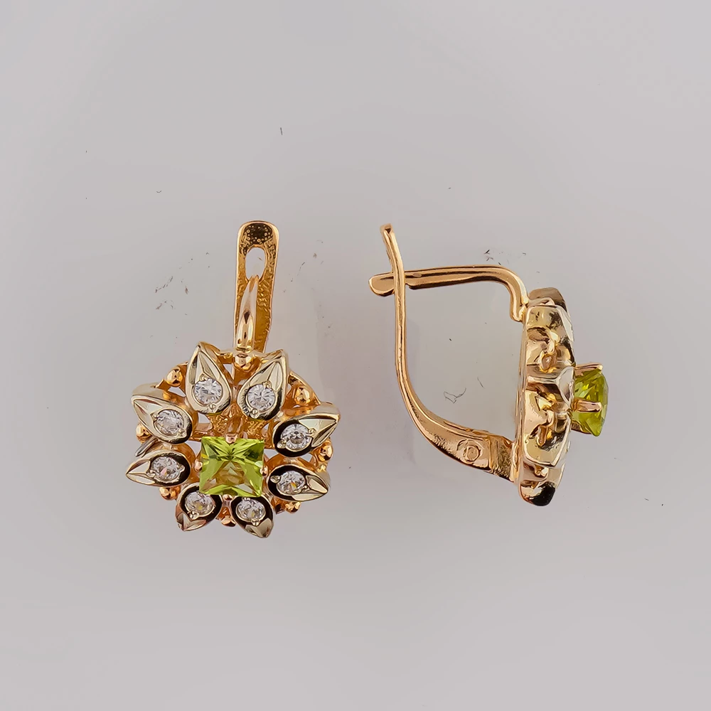 Серьги с хризолитом из красного золота 585 пробы
