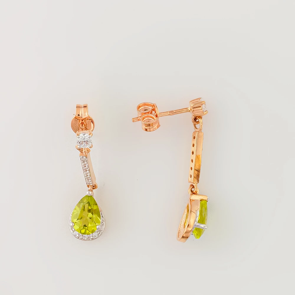 Серьги с хризолитом из красного золота 375 пробы