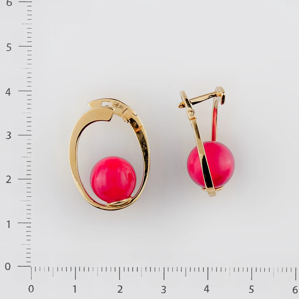 Серьги конго с кораллом из желтого золота 585 пробы
