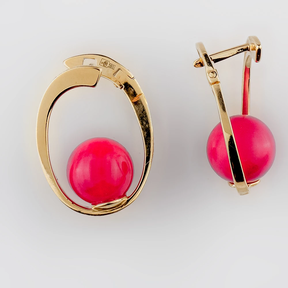 Серьги конго с кораллом из желтого золота 585 пробы