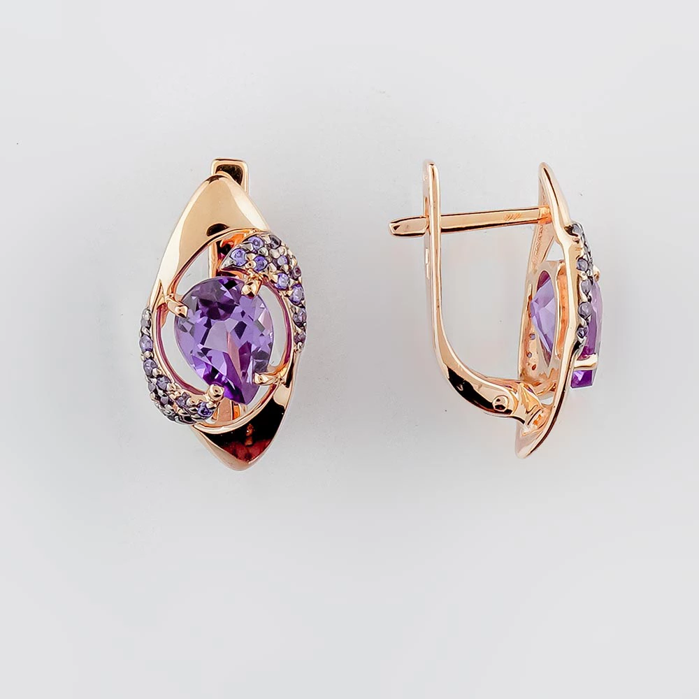 Серьги с аметистом из красного золота 585 пробы