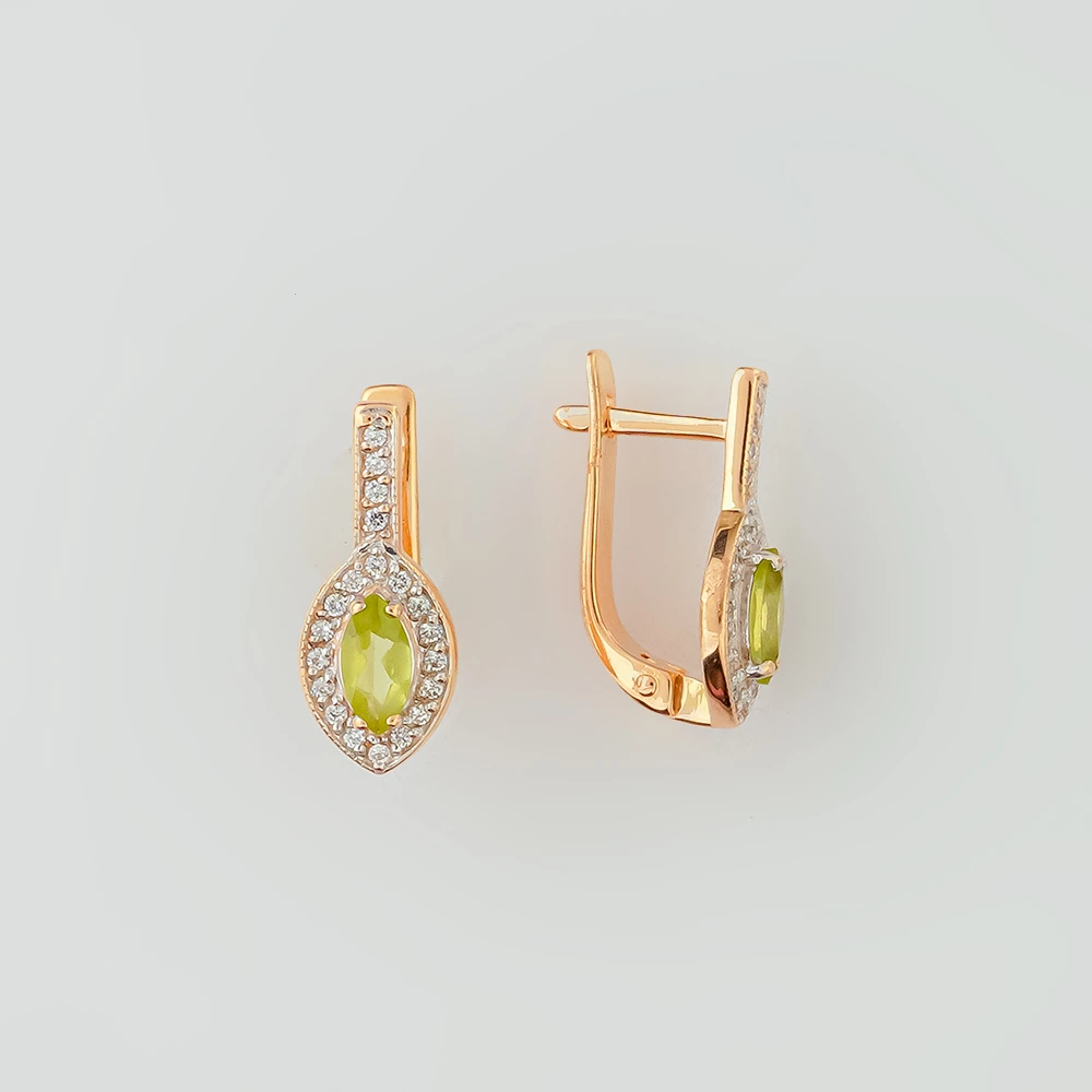 Серьги с хризолитом из красного золота 585 пробы