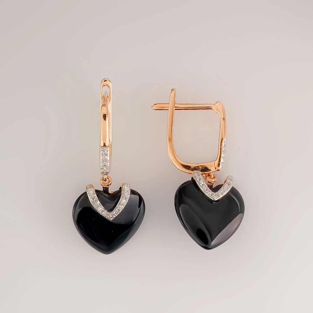 Серьги с ониксом из красного золота 585 пробы