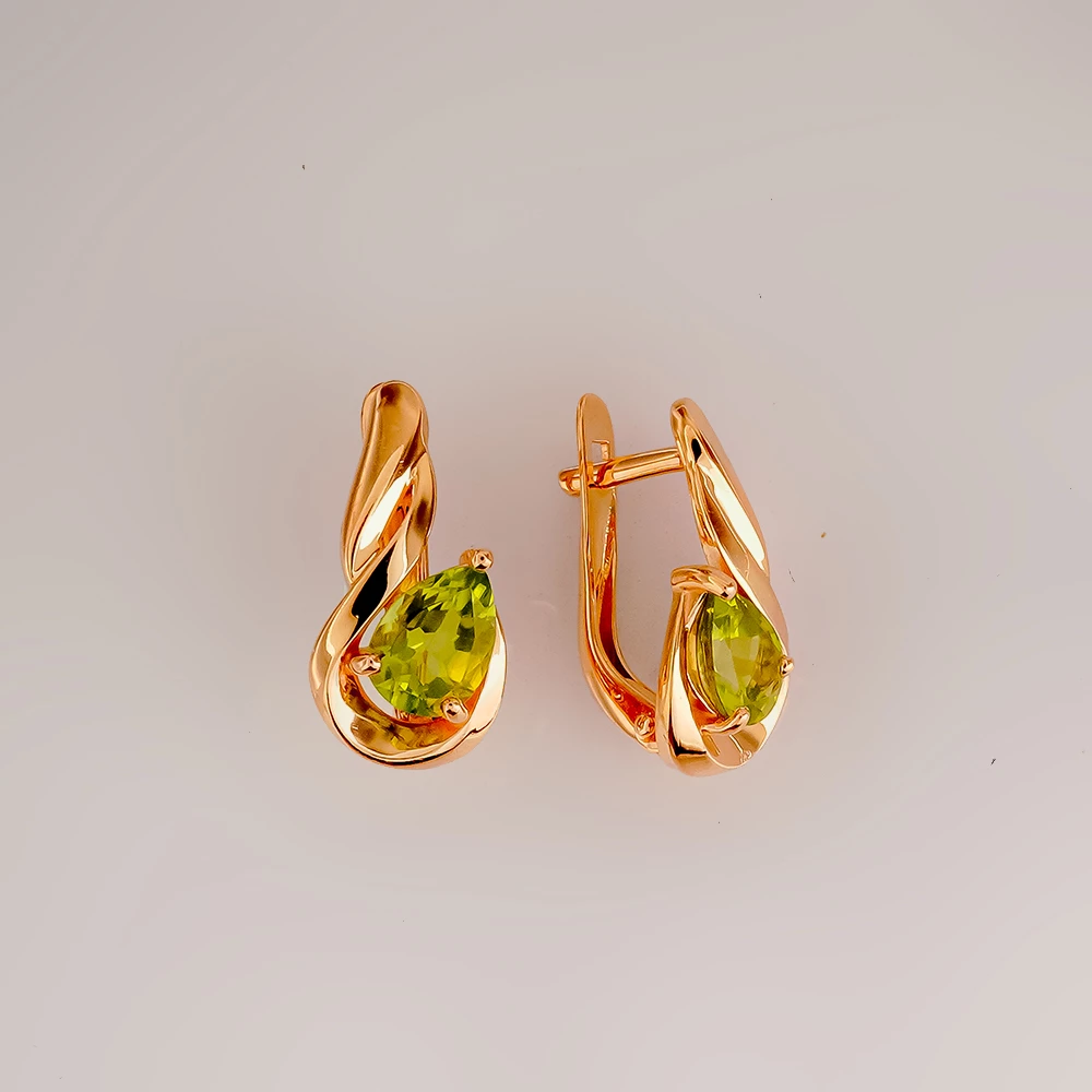 Серьги с хризолитом из красного золота 585 пробы