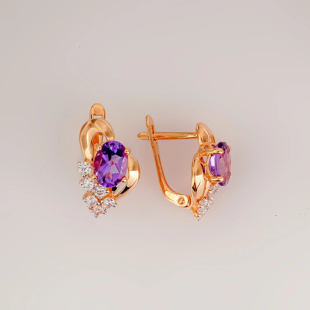 Серьги с аметистом из красного золота 585 пробы