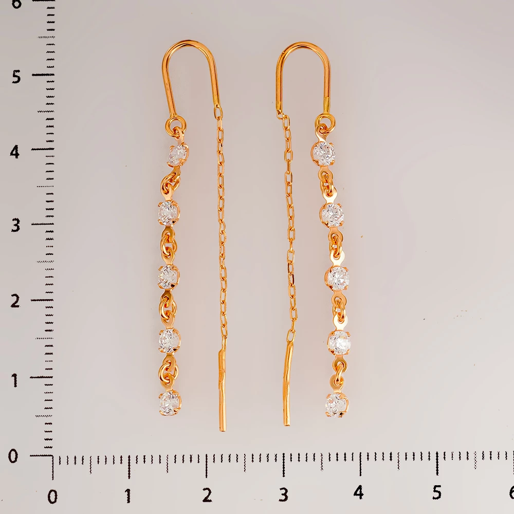 Серьги-продевки с фианитом из красного золота 585 пробы
