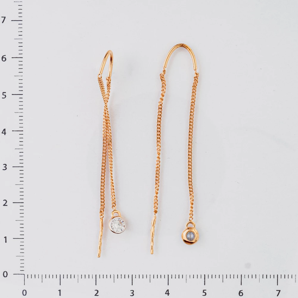 Серьги-продевки с фианитом из красного золота 585 пробы