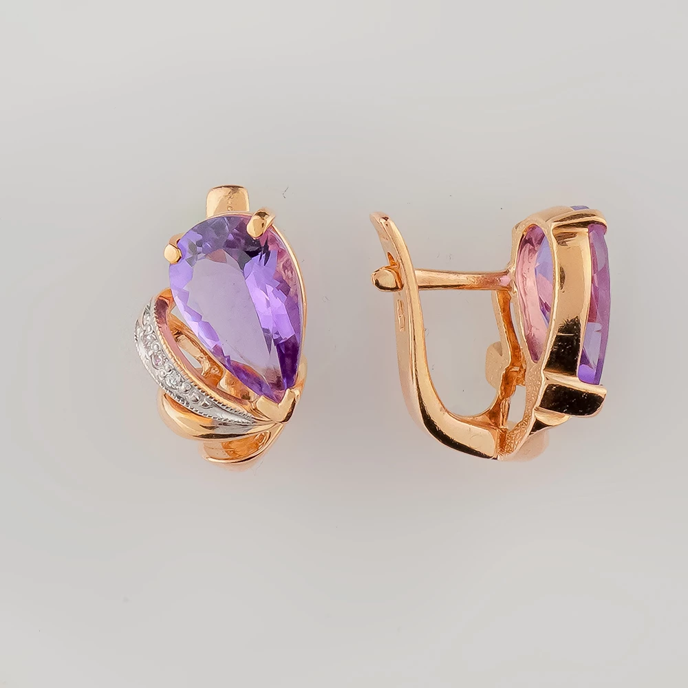 Серьги с аметистом из красного золота 585 пробы