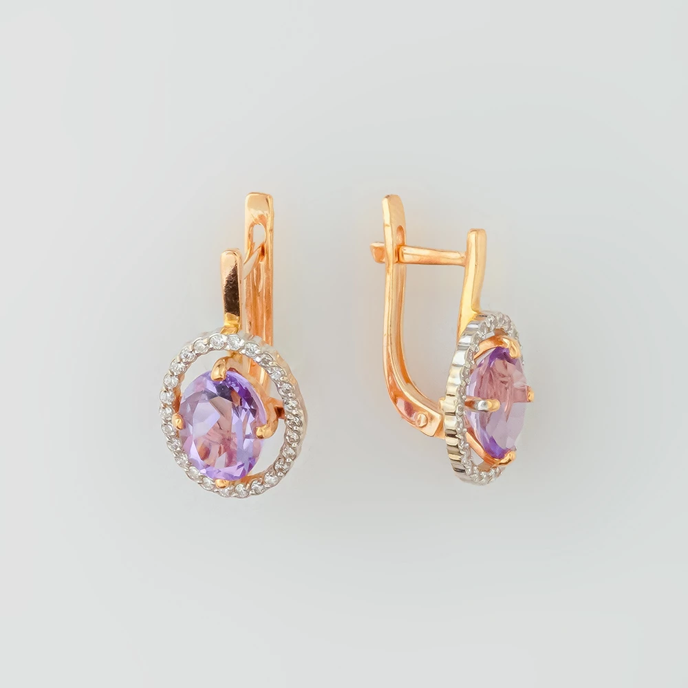 Серьги с аметистом из красного золота 585 пробы