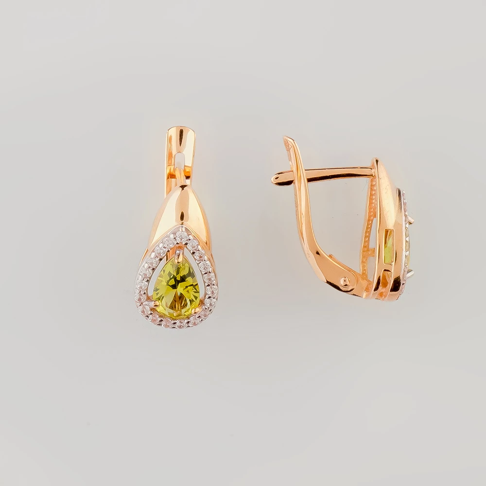 Серьги с хризолитом из красного золота 585 пробы