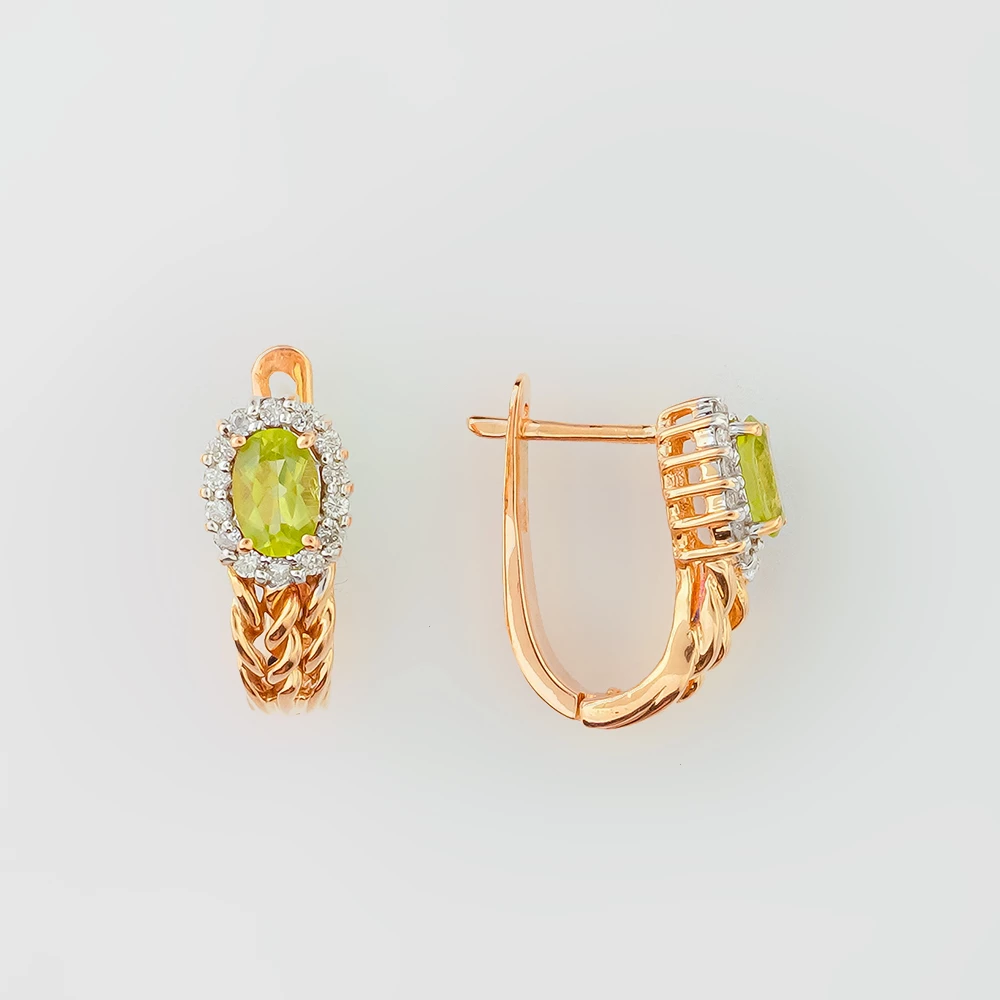Серьги с хризолитом из красного золота 585 пробы
