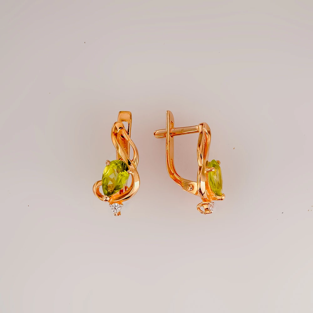 Серьги с хризолитом из красного золота 585 пробы
