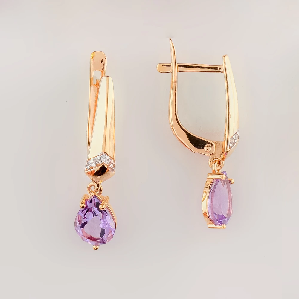 Серьги с аметистом из красного золота 585 пробы