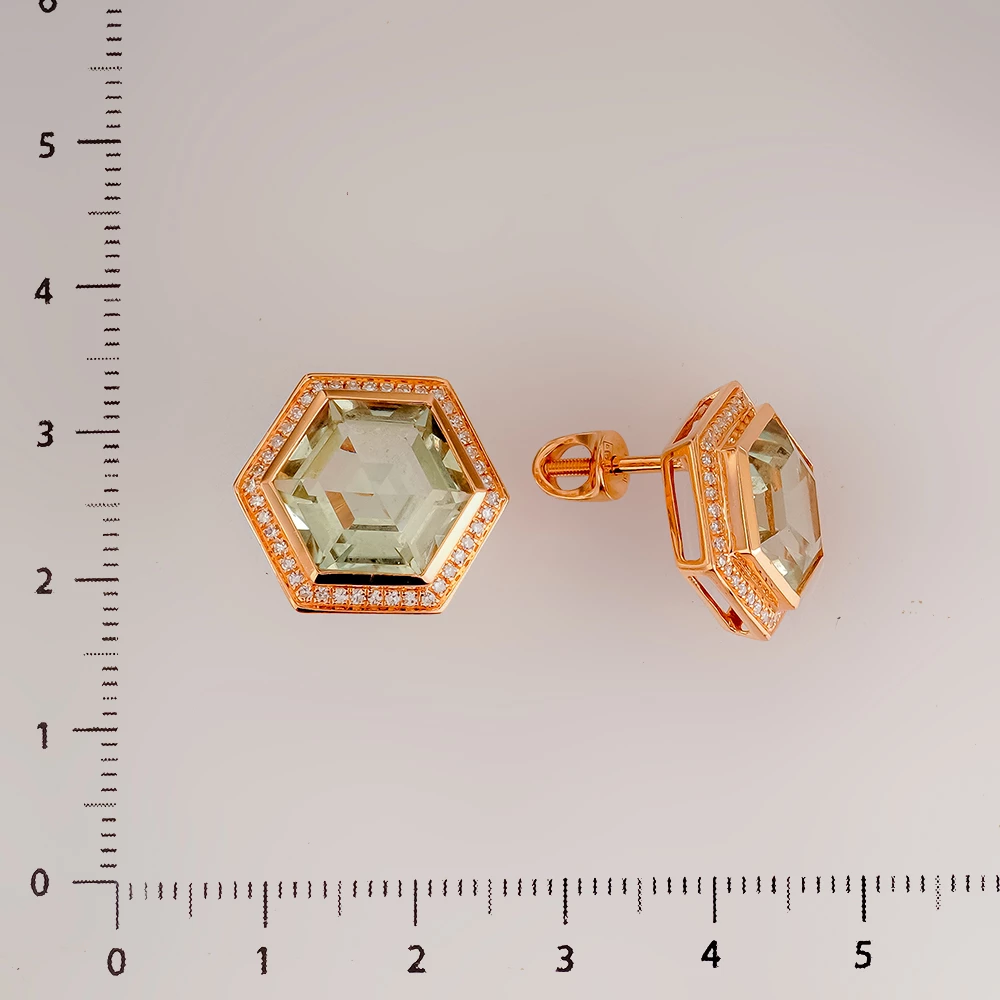 Серьги с празиолитом из красного золота 585 пробы