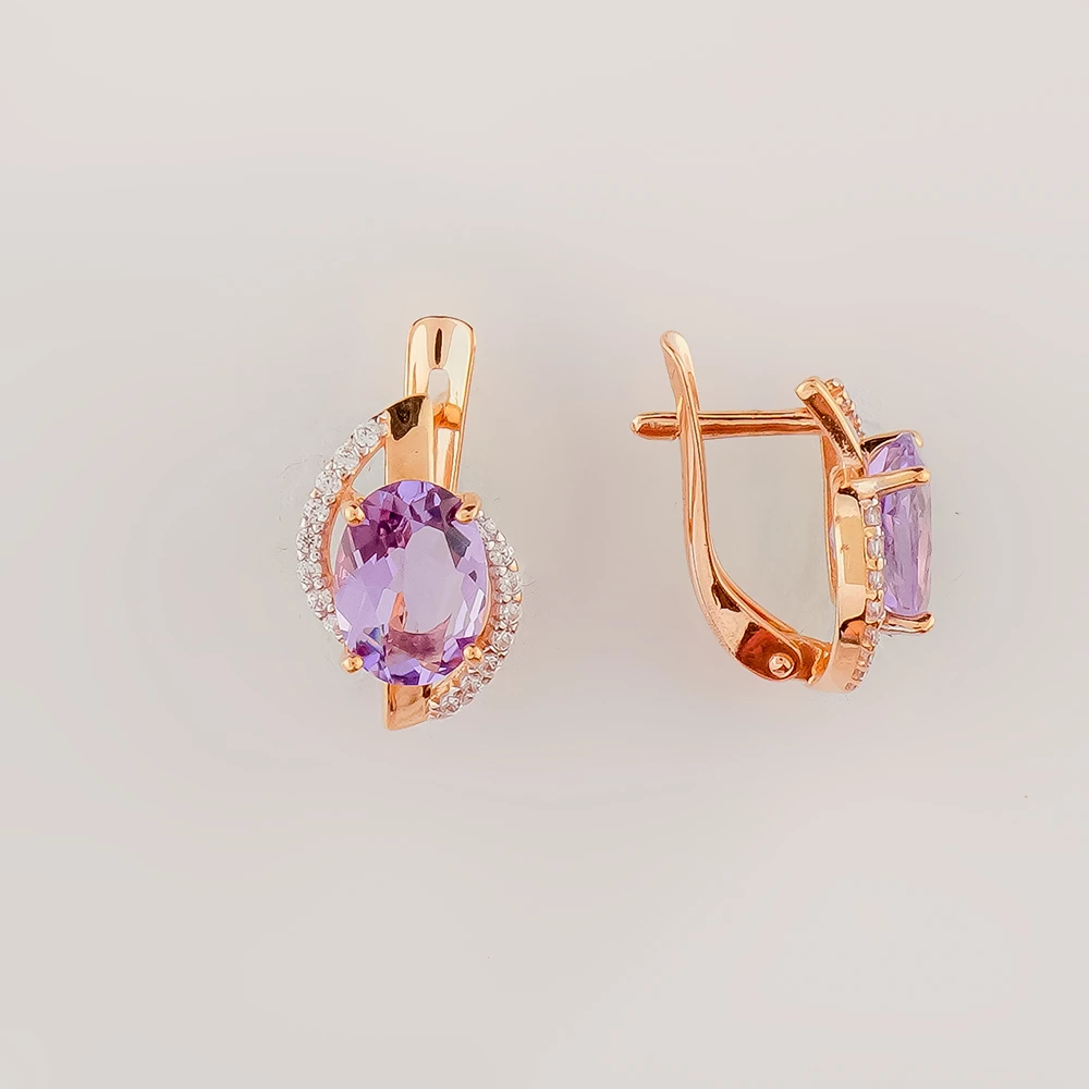 Серьги с аметистом из красного золота 375 пробы