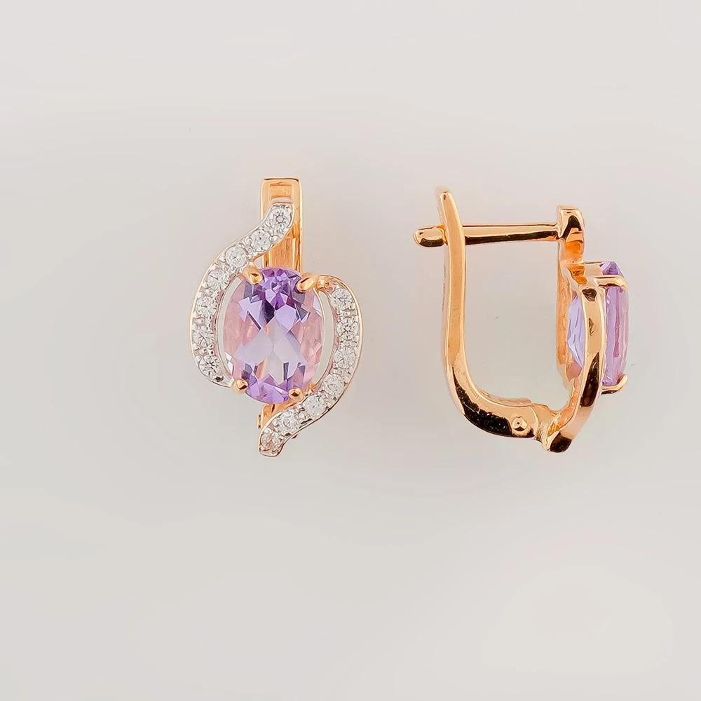 Серьги с аметистом из красного золота 585 пробы