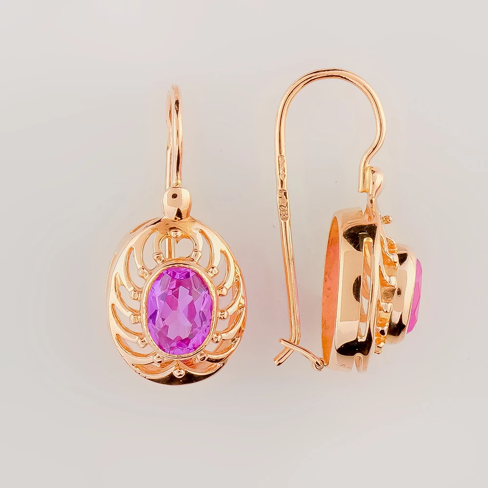 Серьги с корундом синтетическим из красного золота 583 пробы